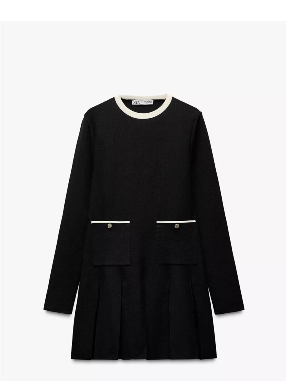 Zara Black Knit Mini Dress with Cream Trim